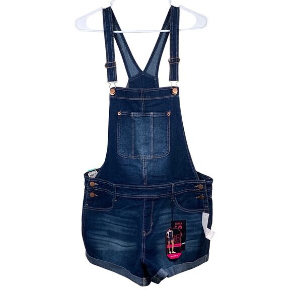No Boundaries Shortall XL Blue Relaxed Fit Denim Bib Overalls Shorts Cuffed Hem - Picture 1 of 5